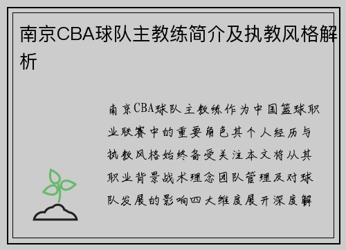 南京CBA球队主教练简介及执教风格解析